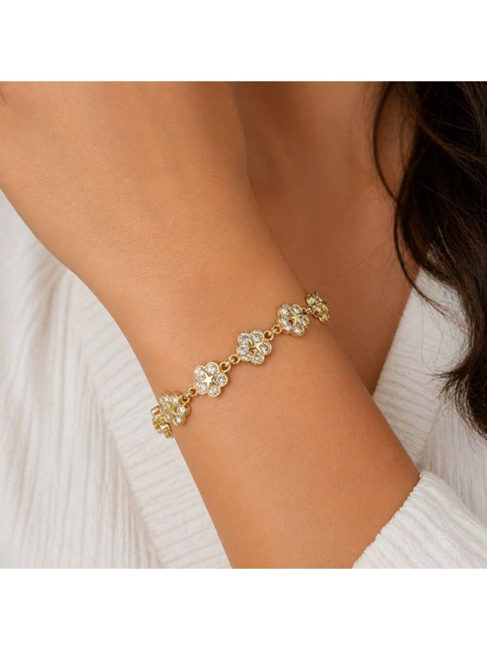 Vintage Gold Flower Slider Bracelet Made with Swarovski Crystals Adjustable